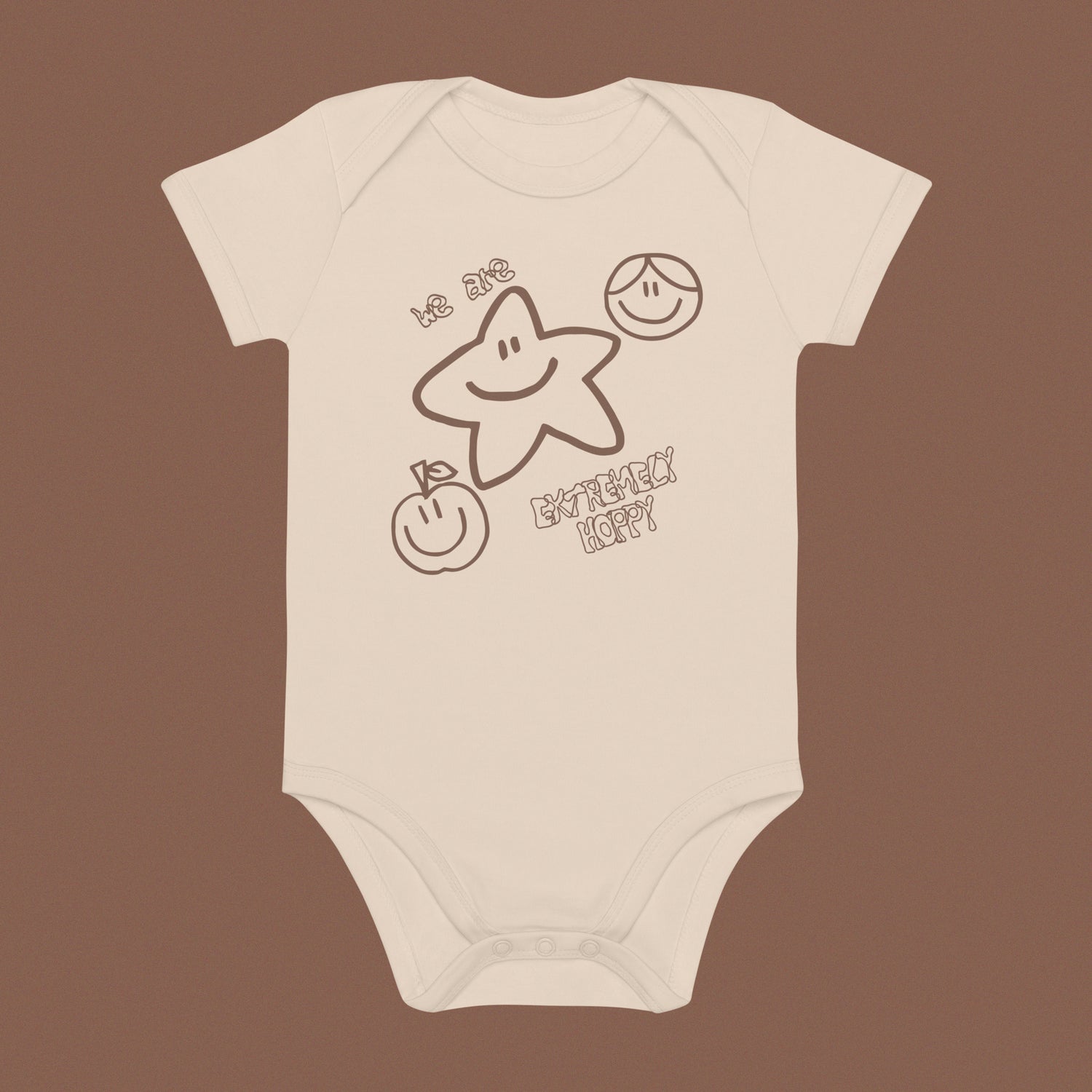 Extremely Happy Organic Cotton Bodysuit Organic Natural BST baby clothing beige body suit bodysuit brown bst bstlovesyou kid kid face kids kids wear organic shopbst shopbstnet we are extremely happy