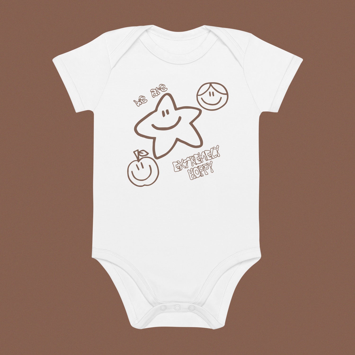 Extremely Happy Organic Cotton Bodysuit White BST baby clothing beige body suit bodysuit brown bst bstlovesyou kid kid face kids kids wear organic shopbst shopbstnet we are extremely happy