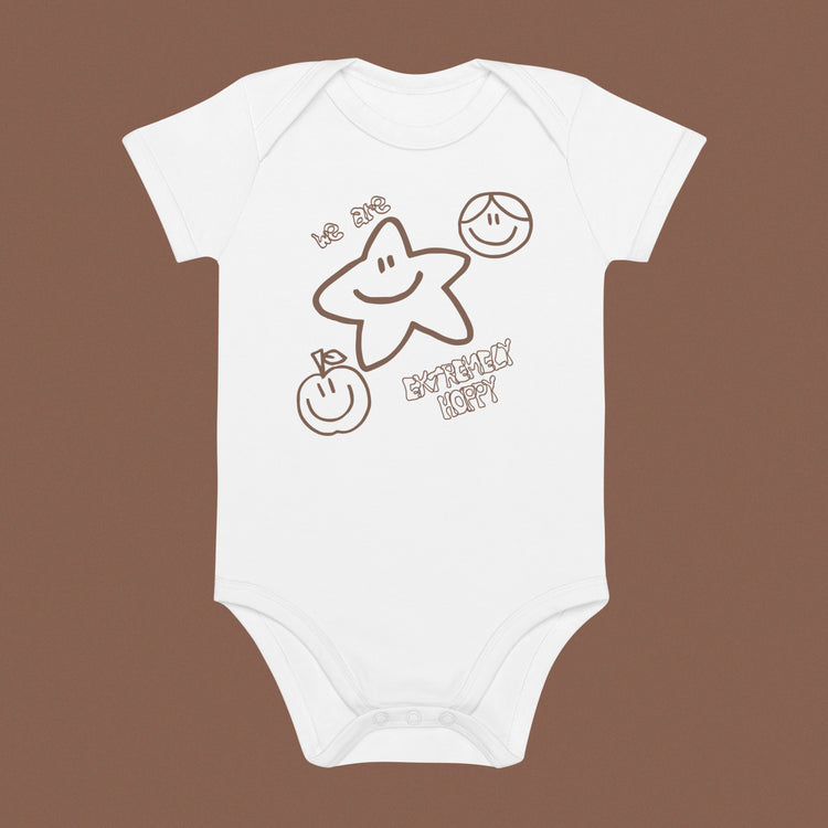 Extremely Happy Organic Cotton Bodysuit White BST baby clothing beige body suit bodysuit brown bst bstlovesyou kid kid face kids kids wear organic shopbst shopbstnet we are extremely happy